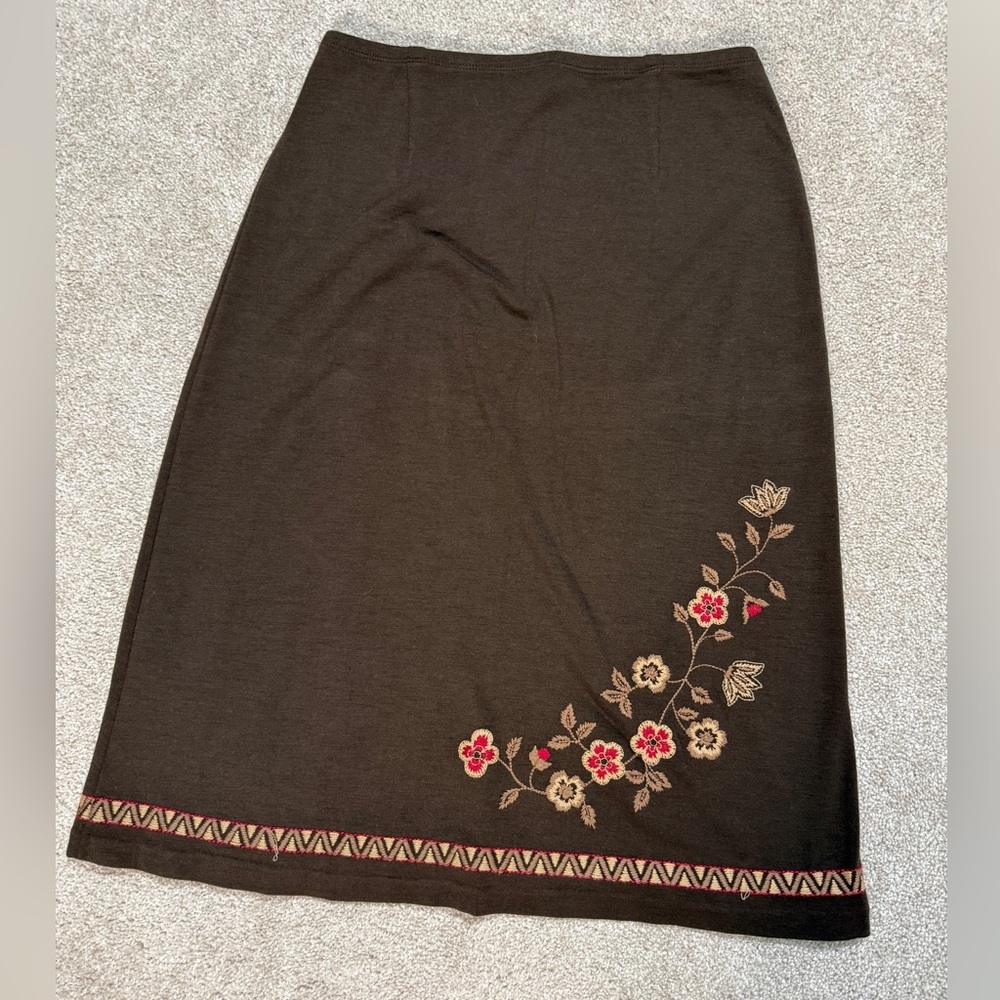 Vintage Ann Taylor Brown Midi Skirt with Floral Embroidery size small